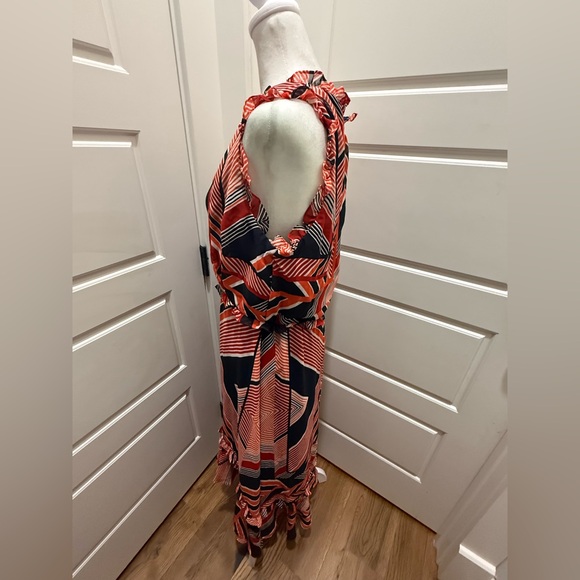 NWT. Julia Jordan. High-Low Ruffle Maxi Dress. Orange/Navy. Size 10. - Picture 3 of 12